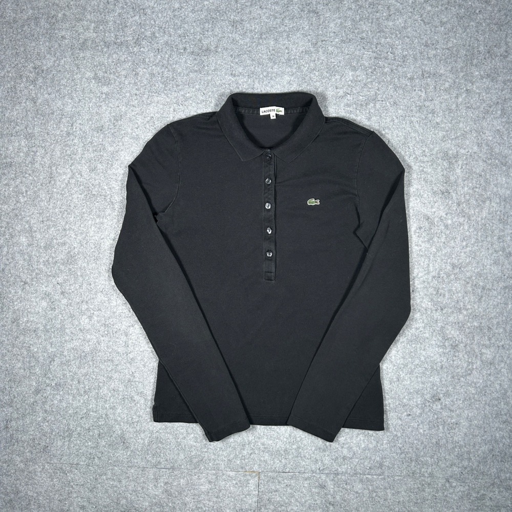 Lacoste Polo Womens 38 Black Long Sleeve Pique Cotton Stretch Casual Preppy Top